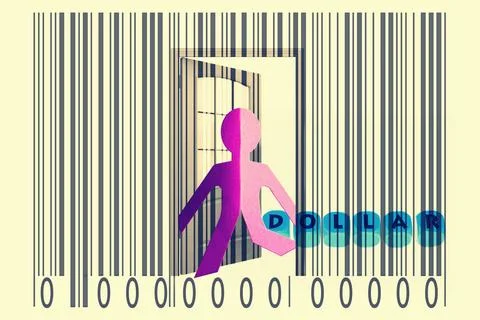 Paperman coming out of a bar code with Dollar word Paperman coming out of ... Stock-Fotos