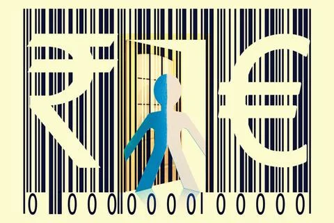 Paperman coming out of a bar code with Euro and Rupee Signs Paperman comin... 写真素材