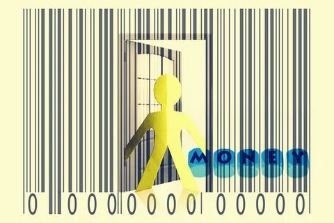 Paperman coming out of a bar code with Money word Paperman coming out of a... Stock Photos