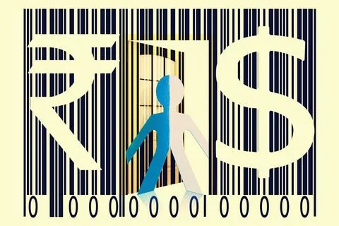Paperman coming out of a bar code with Dollar and Rupee Signs Paperman com... 写真素材
