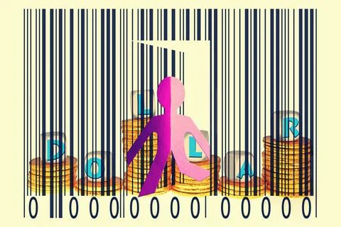 Paperman coming out of a bar code with Dollars word Paperman coming out of... Stock Photos