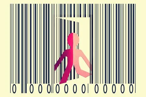 Paperman coming out of a bar code to go out Paperman coming out of a bar c... Foto stock