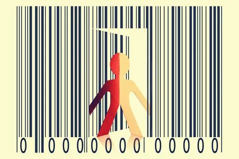 Paperman coming out of a bar code to go out Paperman coming out of a bar c... Stock-Fotos