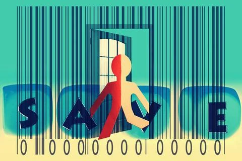 Paperman coming out of a bar code with Save word Paperman coming out of a ... Foto stock