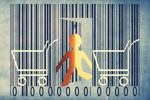 Paperman coming out of a bar code with shopping cart symbol Paperman comin... Stock Photos