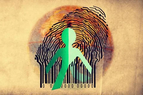 Paperman coming out of a bar code with Globe Paperman coming out of a bar ... Foto stock