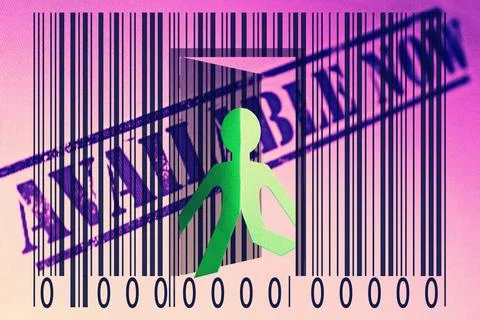 Paperman coming out of a bar code with Available Now Words Paperman coming... 写真素材