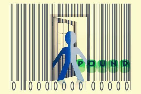 Paperman coming out of a bar code with Pound word Paperman coming out of a... 写真素材