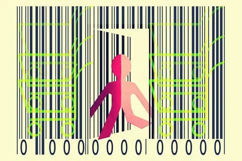 Paperman coming out of a bar code with shopping cart symbol Paperman comin... Foto stock