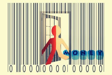 Paperman coming out of a bar code with Money word Paperman coming out of a... Stock-Fotos