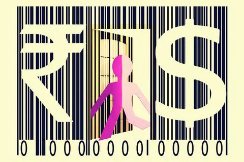 Paperman coming out of a bar code with Dollar and Rupee Signs Paperman com... Stock Photos
