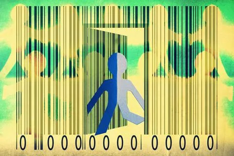 Paperman coming out of a bar code to go out Paperman coming out of a bar c... Foto stock