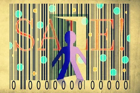 Paperman coming out of a bar code with Sale Word Paperman coming out of a ... 写真素材