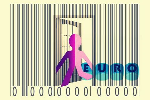 Paperman coming out of a bar code with Euro word Paperman coming out of a ... Foto stock