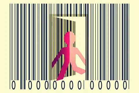 Paperman coming out of a bar code to go out Paperman coming out of a bar c... 스톡 사진