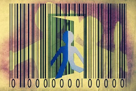Paperman coming out of a bar code to go out Paperman coming out of a bar c... Foto stock