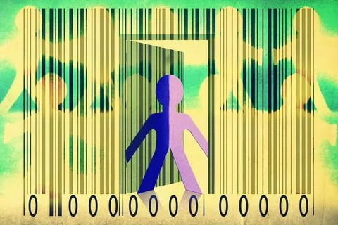Paperman coming out of a bar code to go out Paperman coming out of a bar c... Foto stock