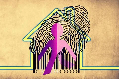 Paperman coming out of a bar code with Home Symbol Paperman coming out of ... Stock Photos