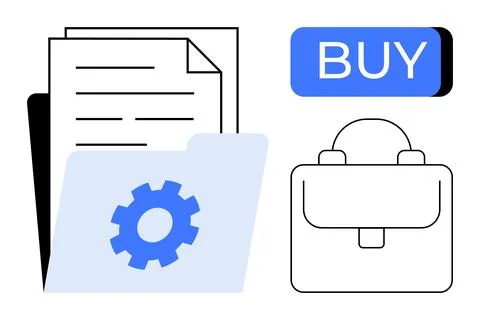 Papers, briefcase, gear-embellished folder, and blue BUY button suggest busin 库存插图