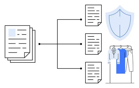 Papers connected by lines to documents, clothes on hangers, and a shield. Ide Stock Illustration