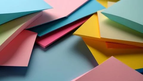 Papers of different bright colors on a pale blue background Illustrazione stock