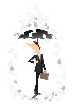 Papers fall down on the man with a bag and umbrella isolated Stock Illustration