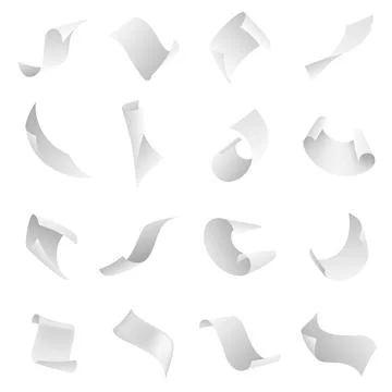 Papers flying. Clean blank paper sheet falling down with curved corners. Pages Stock Illustration