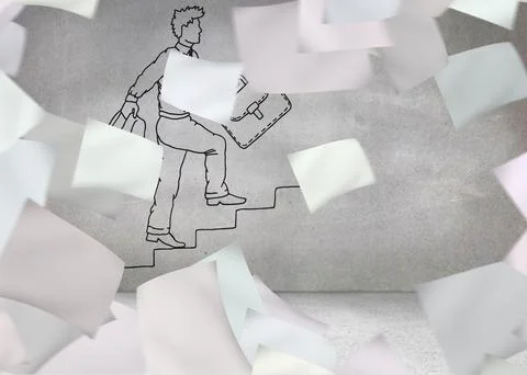 Papers in front of grey wall with comic man Stock Illustration
