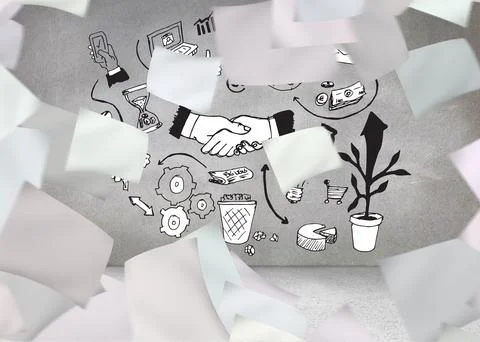 Papers in front of grey wall with graphics Stock Photos