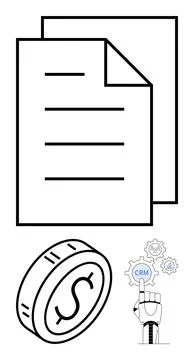 Papers representing documentation, coin for finance, robotic hand interacting Stock Illustration