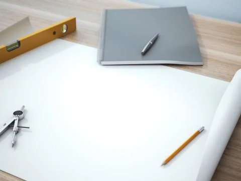 Papers with sketches on the table 库存插图