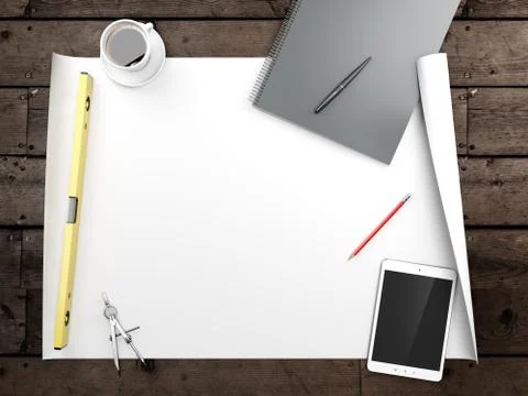 Papers with sketches on the table Stock Illustration