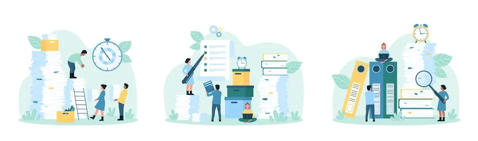 Paperwork, bureaucracy set, tiny people research information, carry stacks of Stockillustratie