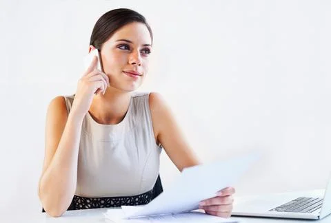 Paperwork, documents and manager on a phone call in office for communication or Stock Photos