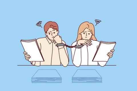Paperwork forces handcuffed colleagues to do overtime, sitting at desk with Stock Illustration