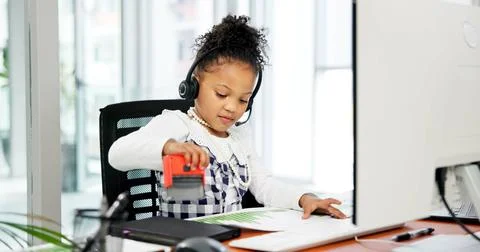 Paperwork, headset or child with stamp in office, business professional cos.. Stock Photos