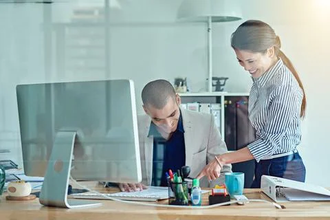 Paperwork, help and man in office with woman, computer and collaboration at.. Stock Photos