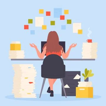 Paperwork in mess, bureaucracy and work overload of female employee sitting at Stock Illustration