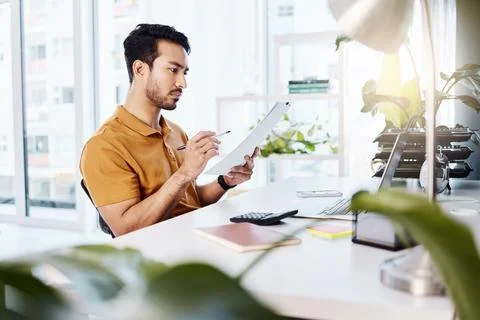 Paperwork, office analysis or man reading financial documents, budget funding Stock Photos