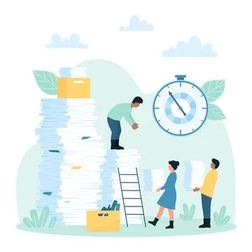 Paperwork organization in office work, tiny people carry heavy stacks of paper イラスト素材