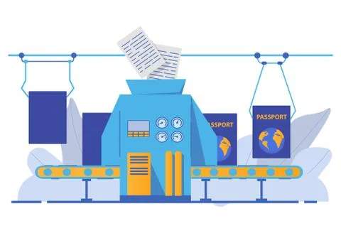 Paperwork passport with biometric data. Conveyor manufacturing document. イラスト素材