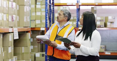 Paperwork, tablet and people in warehouse for inspection, supply chain and Stock Footage 345814242