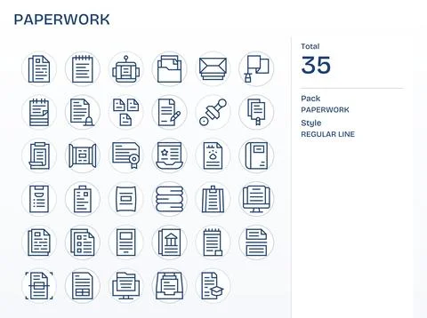 Paperwork Vector Icon Set with 35 Regular Line 128x128 Pixel Aligned Graphics Illustrazione stock
