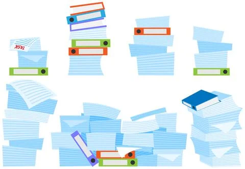Paperwork, work with stacks of documents and data to be on time. Scattered Stock Illustration
