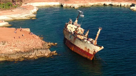 Paphos, Cyprus. Drone View of Edro III Shipwreck, Stranded Cargo Ship and 스톡 동영상 348201522