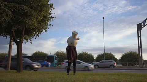 Papier mache head. The bong man talks on camera about the dangers of drugs. Drug Stock Footage 239340153
