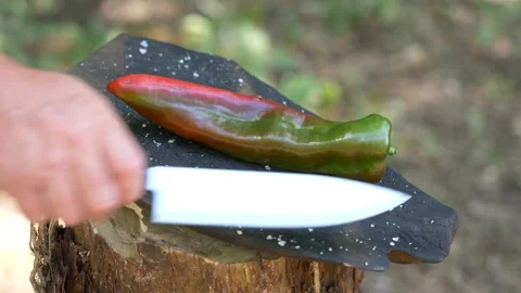 Paprika chopped on a board in the forest Stock Footage 160863460
