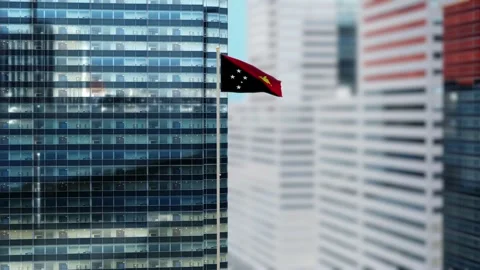 Papua New Guinea Flag 3D Render Animation on Pole with Modern City Buildings Stock Footage 333073105