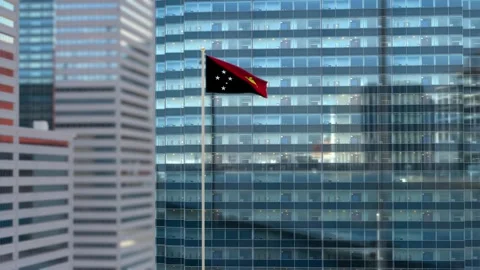 Papua New Guinea Flag 3D Render Animation Waving Against Glass Office Buildi Stock Footage 333077276
