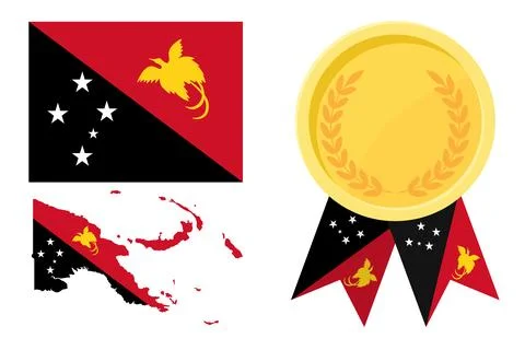Papua New Guinea flag with map and gold medal in set for web and banners or.. Stock Illustration